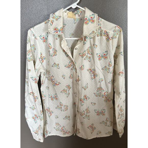Vintage Shirley of Atlanta White Butterfly Pattern Blouse Size Medium - Picture 1 of 8